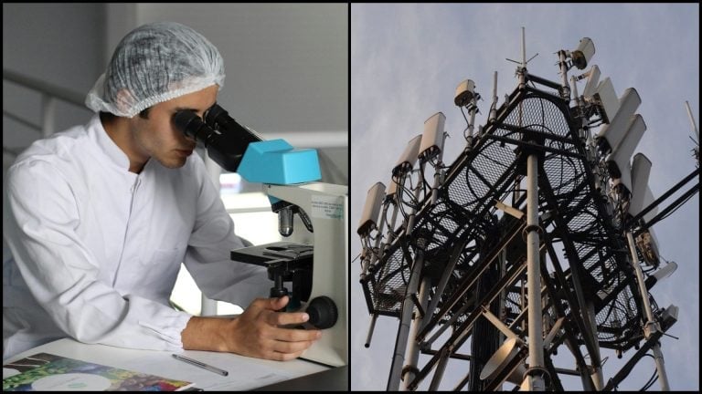 vedec v laboratóriu a 5G vysielač