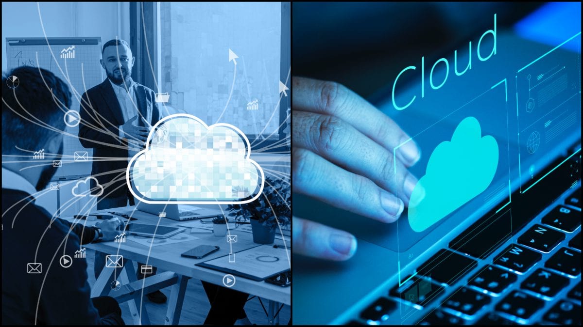 Zamestnanci a cloud na počítači.