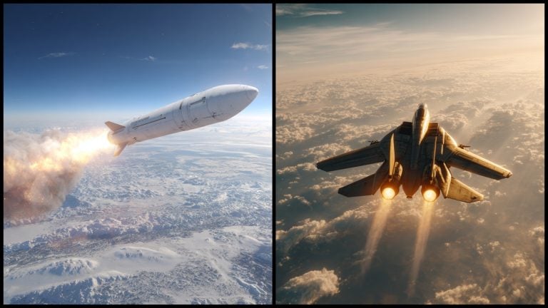 Vizualizácia hypersonickej strely a armádnej stíhačky.