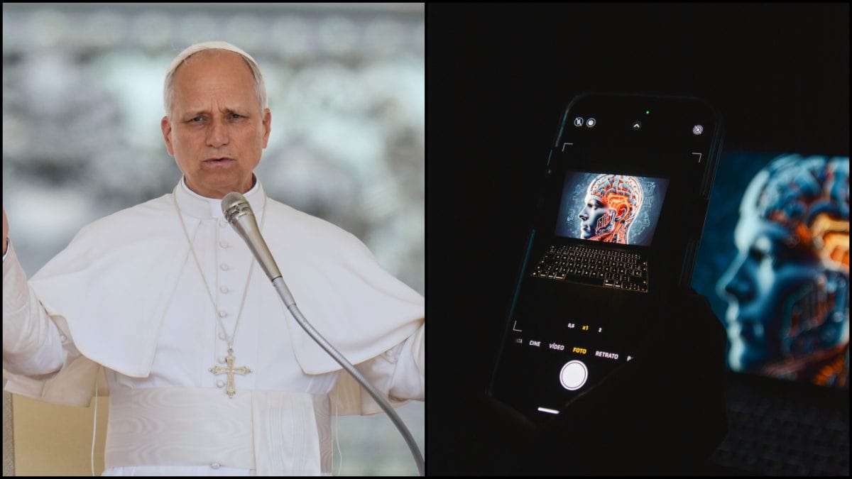 Pápež Lev XIV. a AI na telefóne.
