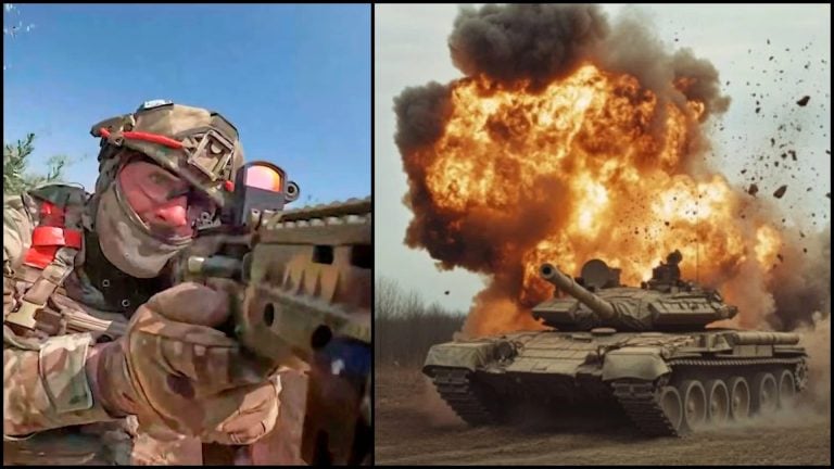 ruský vojak a horiaci tank