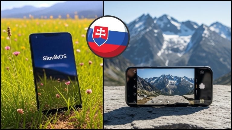slovenský smartfón na lúke a na kameni fotiaci Vysoké Tatry