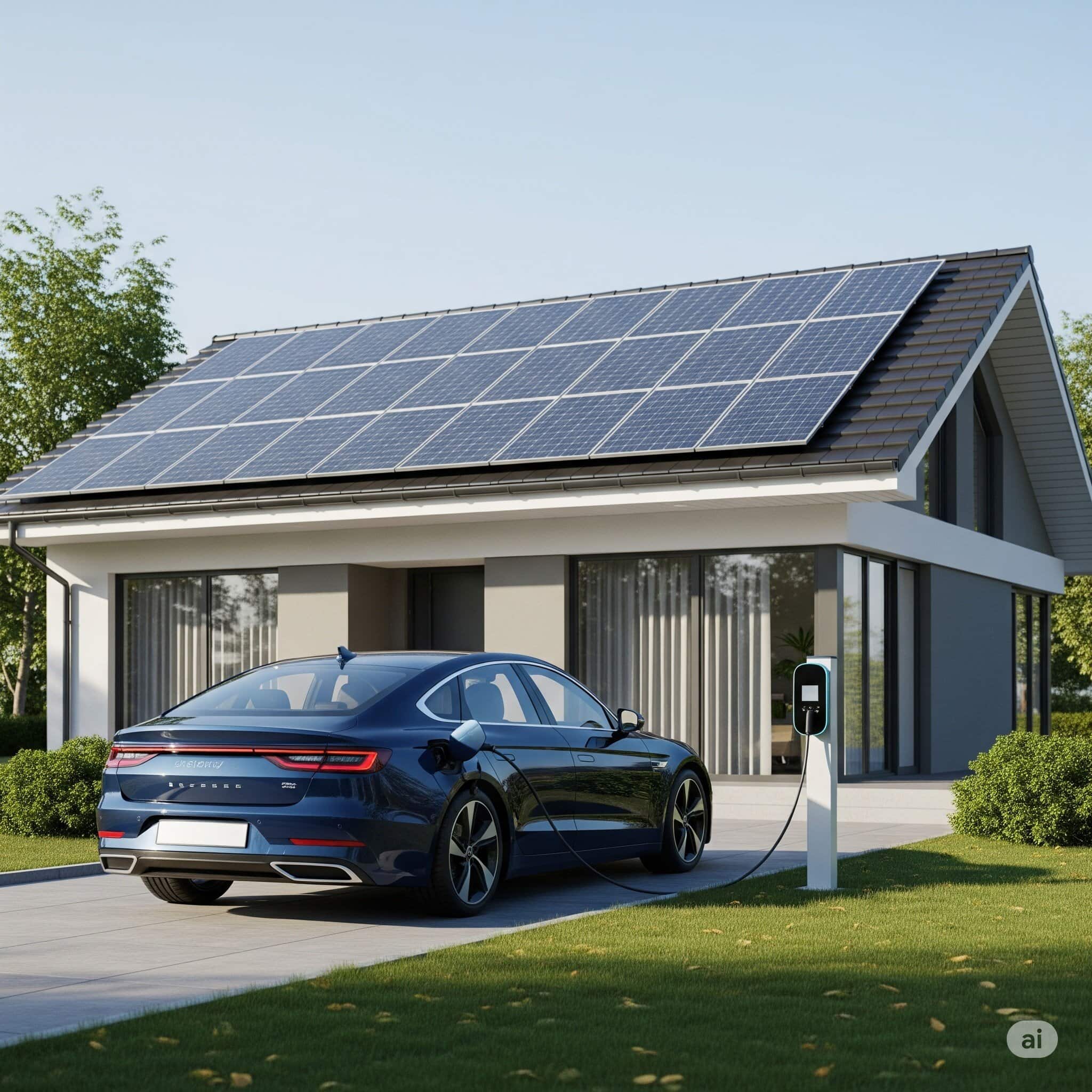 nabíjanie elektromobilu pri dome so solárnymi panelmi