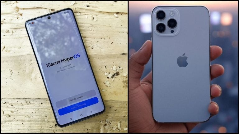 xiaomi na stole a iphone v ruke