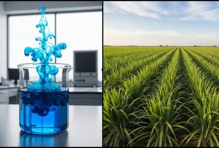 pole s cukrovou trstinou a chemikália v labáku