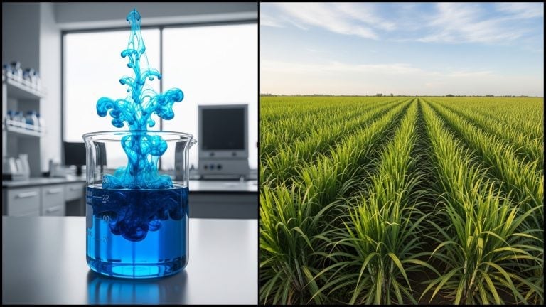 pole s cukrovou trstinou a chemikália v labáku