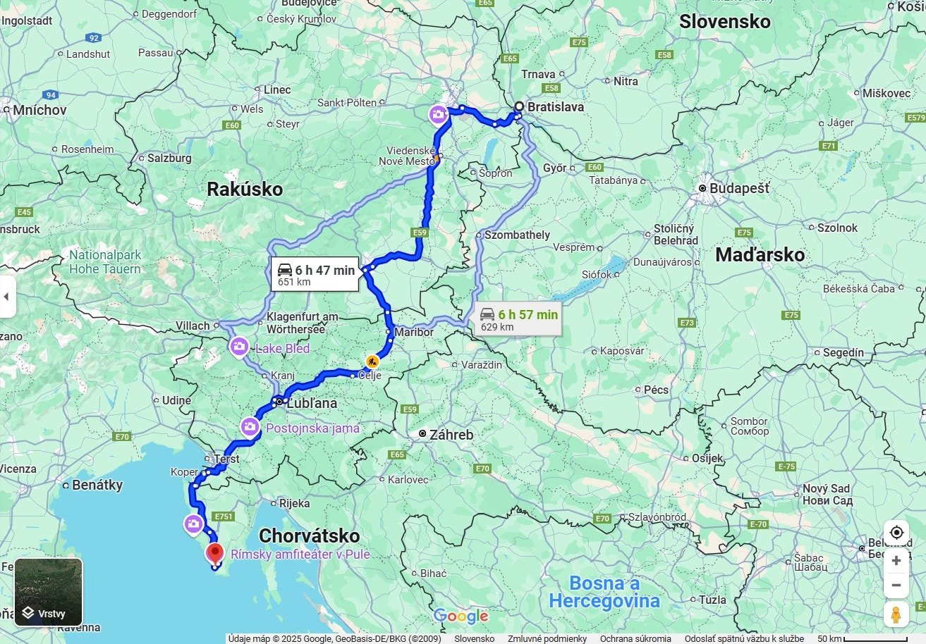 vizualizácia na Google mapách - trasa do Puly z BA