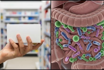 probiotiká v tráviacom trakte a tabletky v krabičke v lekárni