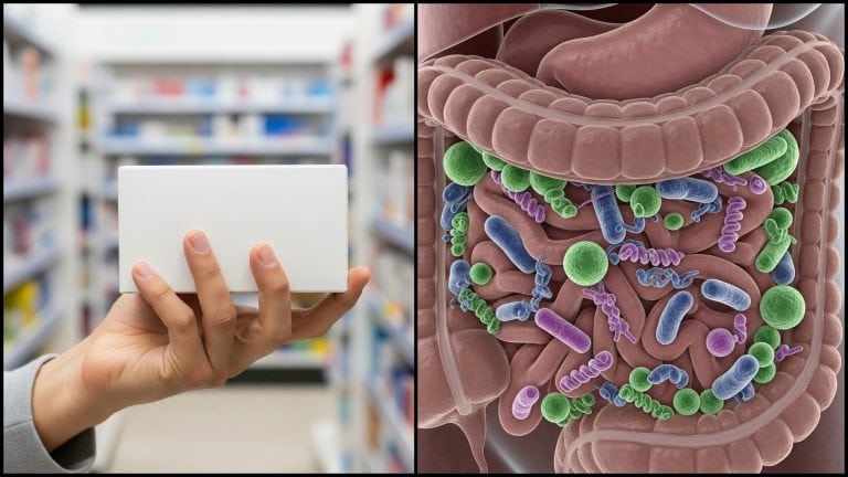 probiotiká v tráviacom trakte a tabletky v krabičke v lekárni