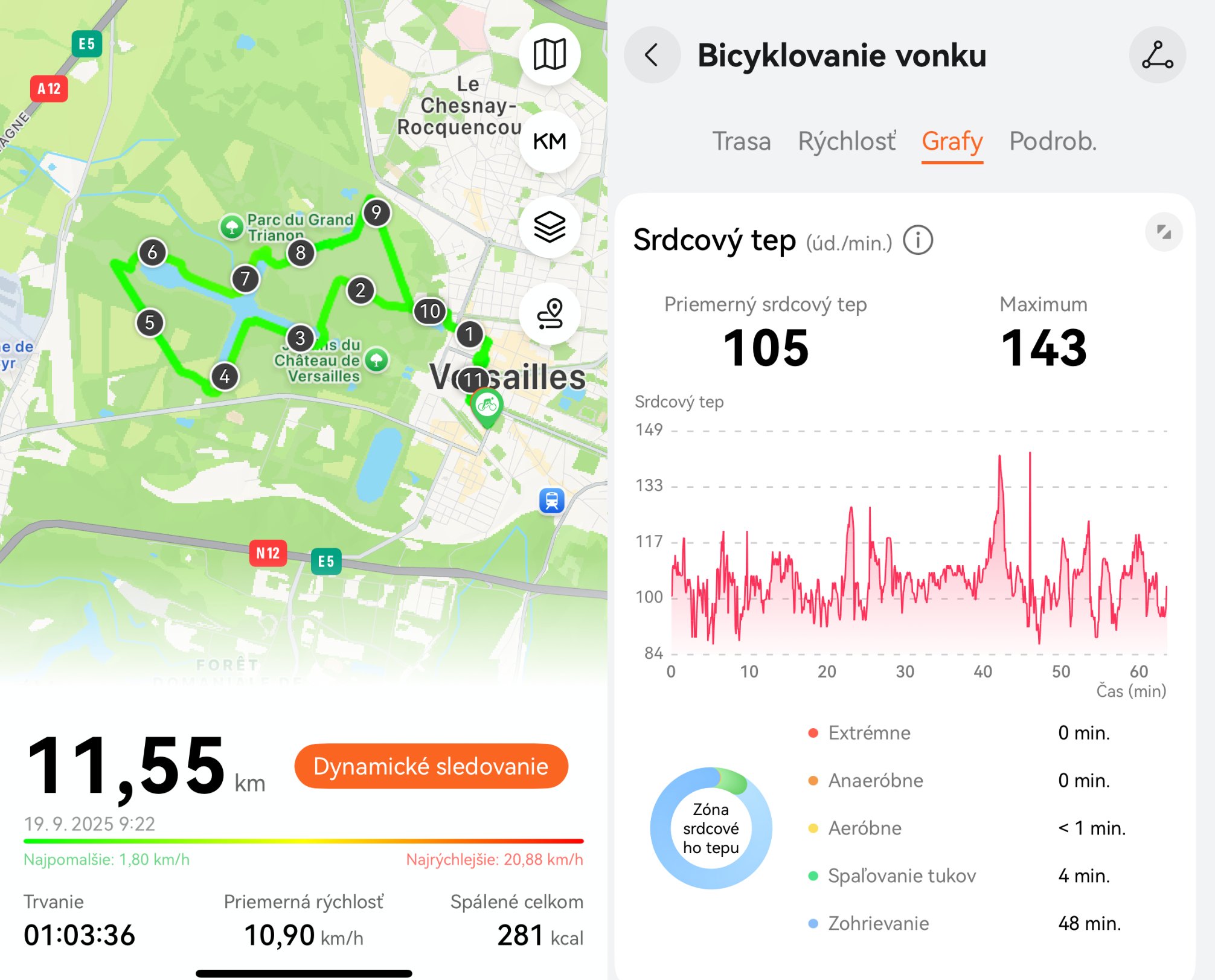 Huawei Health záznam bicyklovania 