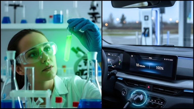 vedkyňa v laboratóriu s kvapalinou a nabíjanie elektromobilu
