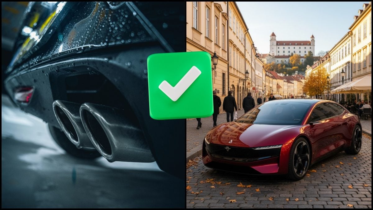 krásny športový elektromobil v ulici Bratislavy počas slnečného jesenného dňa (nemá logo) a výfuk spaľováku na ľavej strane