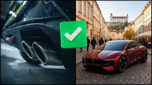 krásny športový elektromobil v ulici Bratislavy počas slnečného jesenného dňa (nemá logo) a výfuk spaľováku na ľavej strane