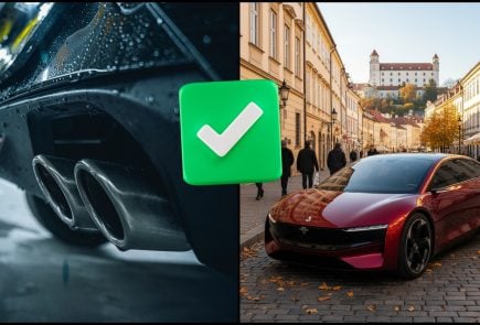 krásny športový elektromobil v ulici Bratislavy počas slnečného jesenného dňa (nemá logo) a výfuk spaľováku na ľavej strane