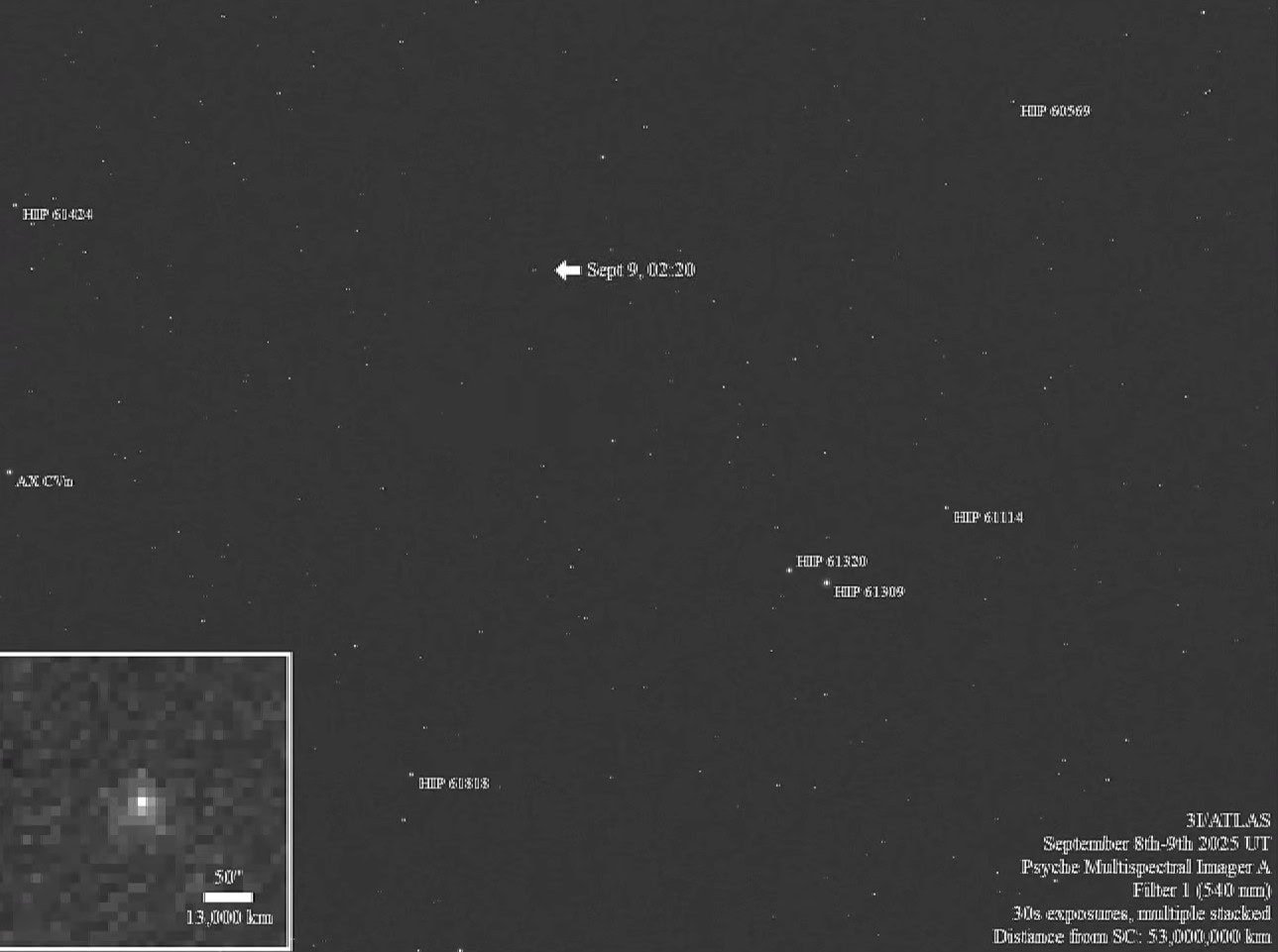 Fotografia kométy 3I/Atlas vyhotovená misiou Psyche.