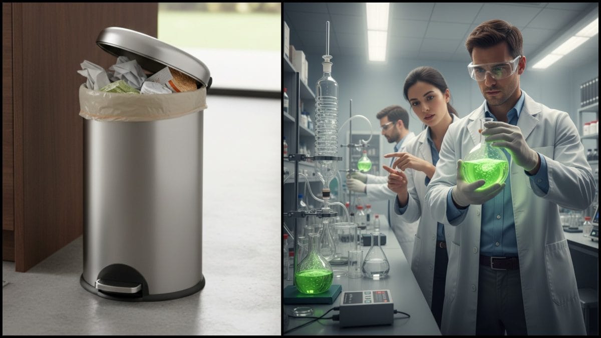 odpadkový kôš a vedci v labáku