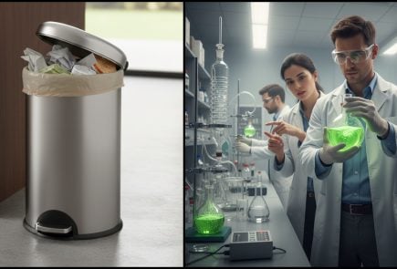 odpadkový kôš a vedci v labáku