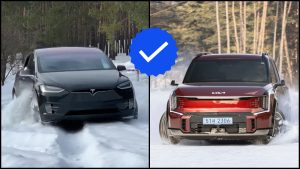 zima elektromobily sneh, kia a tesla