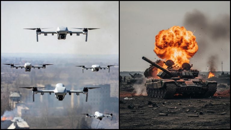 ruský vybuchnutý tank a ukrajinské drony