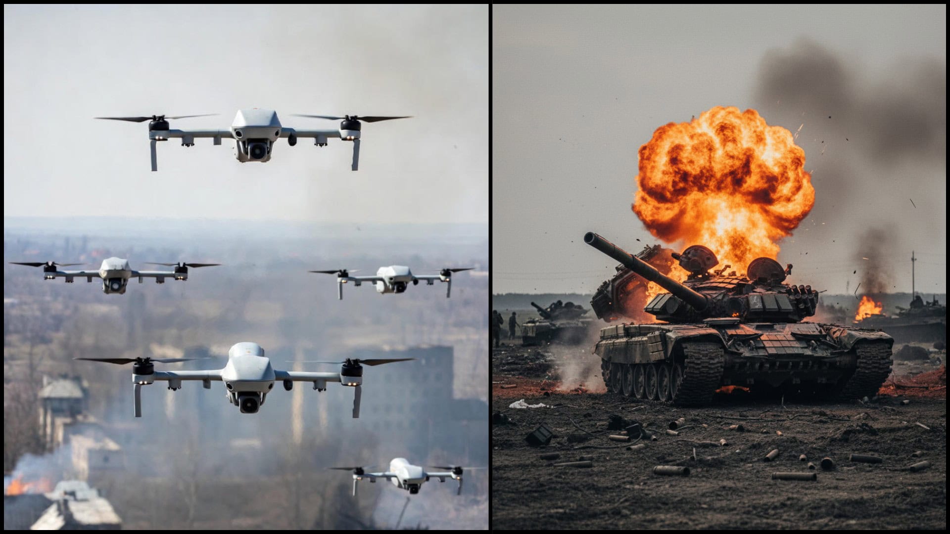 ruský vybuchnutý tank a ukrajinské drony