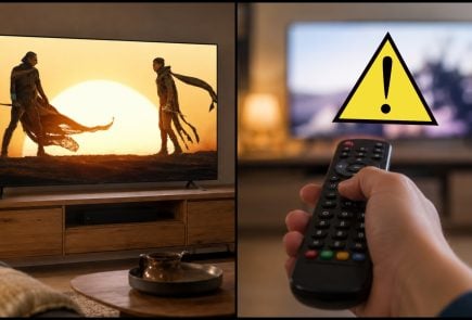 Televízor v obývačke a Duna 3 na pozadí s varovaním zlej TV