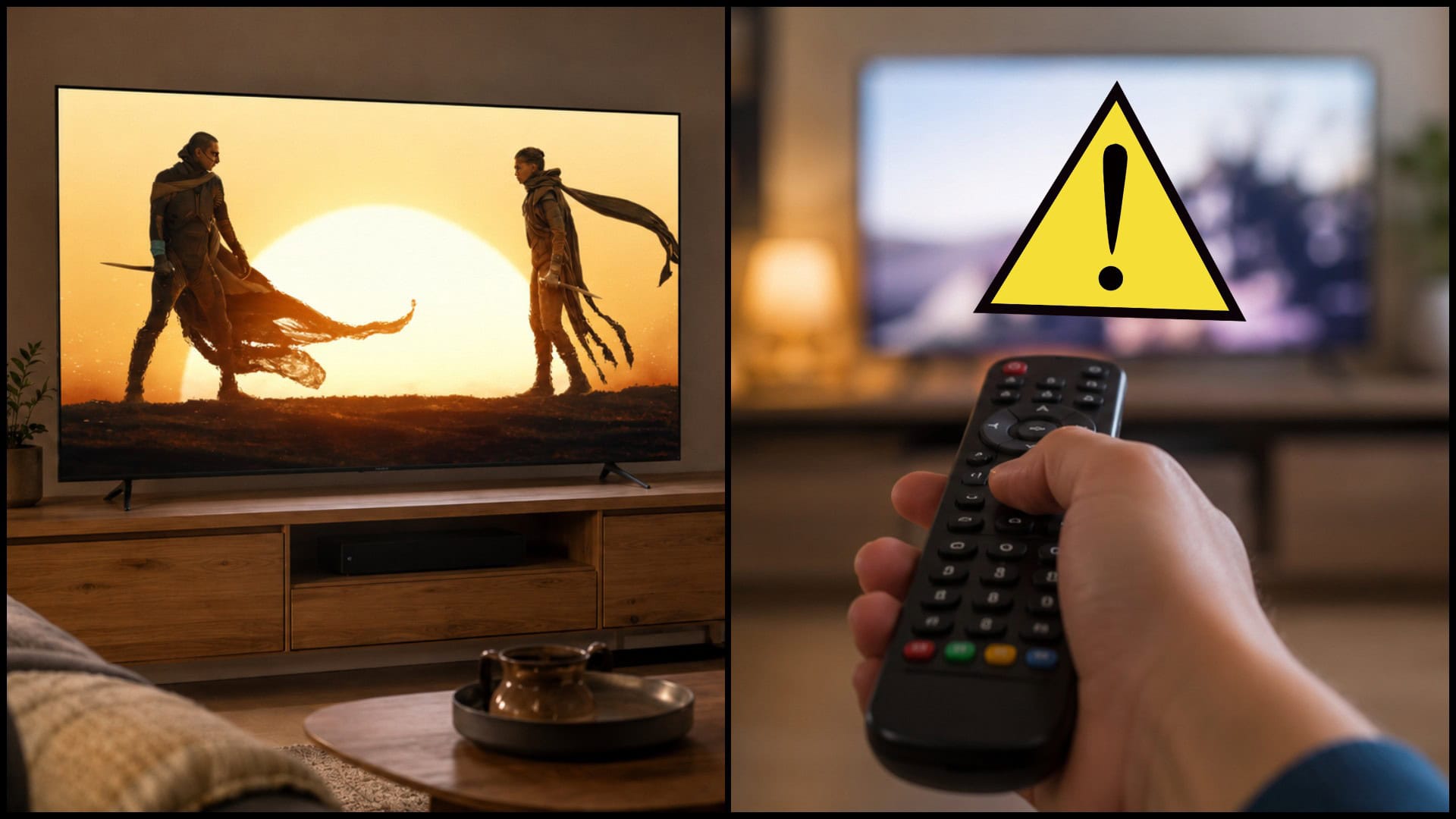 Televízor v obývačke a Duna 3 na pozadí s varovaním zlej TV