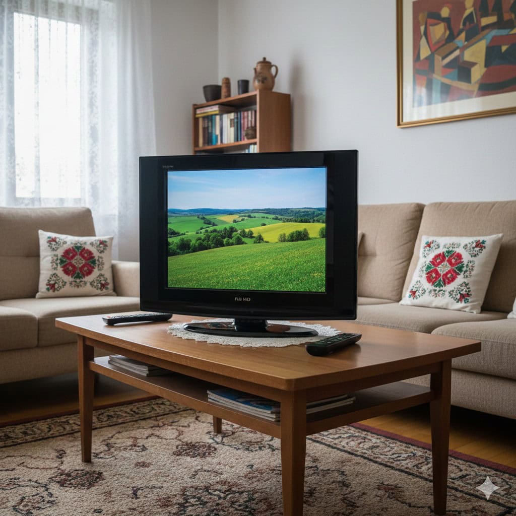 starší Full HD televízor v slovenskej obývačke