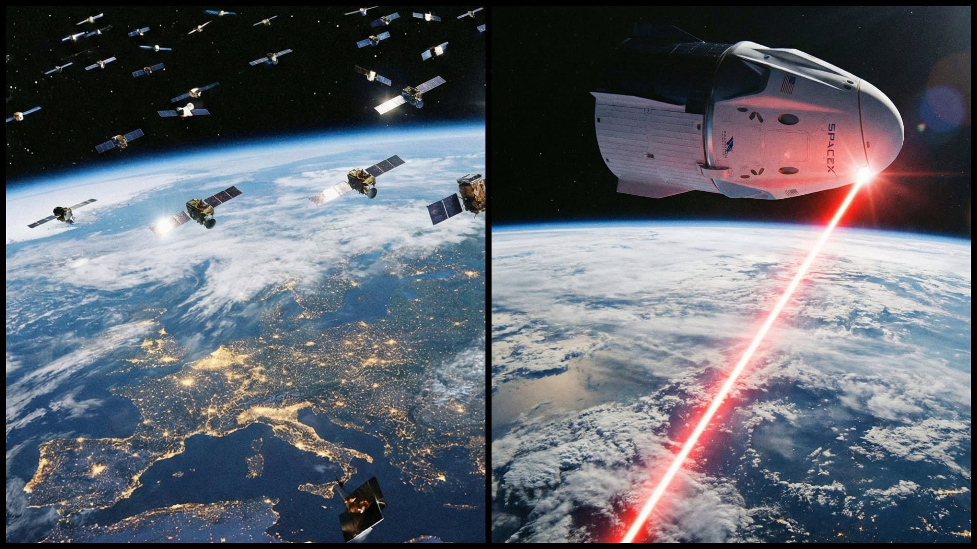 Vizualizácia satelitnej konštelácie a kozmickej lodi využívajúcej laserovú zbraň.