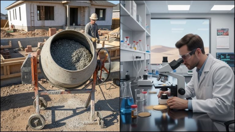 miešačka, betón, vedec