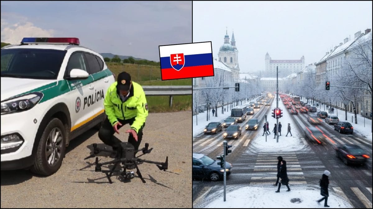 policajný dron a križovatka v zime