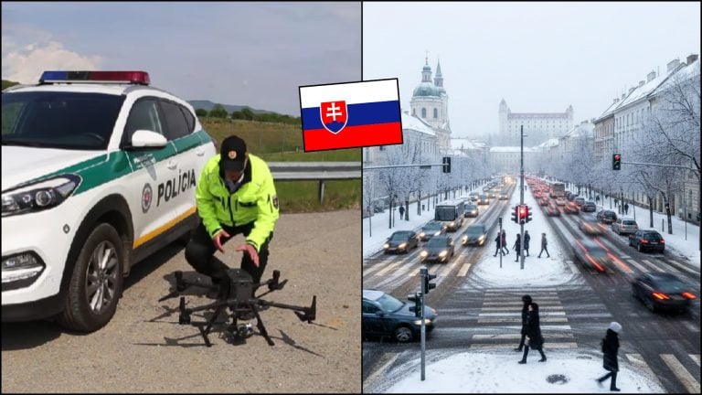 policajný dron a križovatka v zime