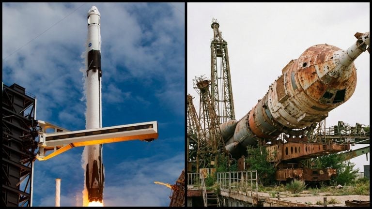 Raketa Falcon 9 počas štartu, vizualizácia rakety Sojuz mimo prevádzky.