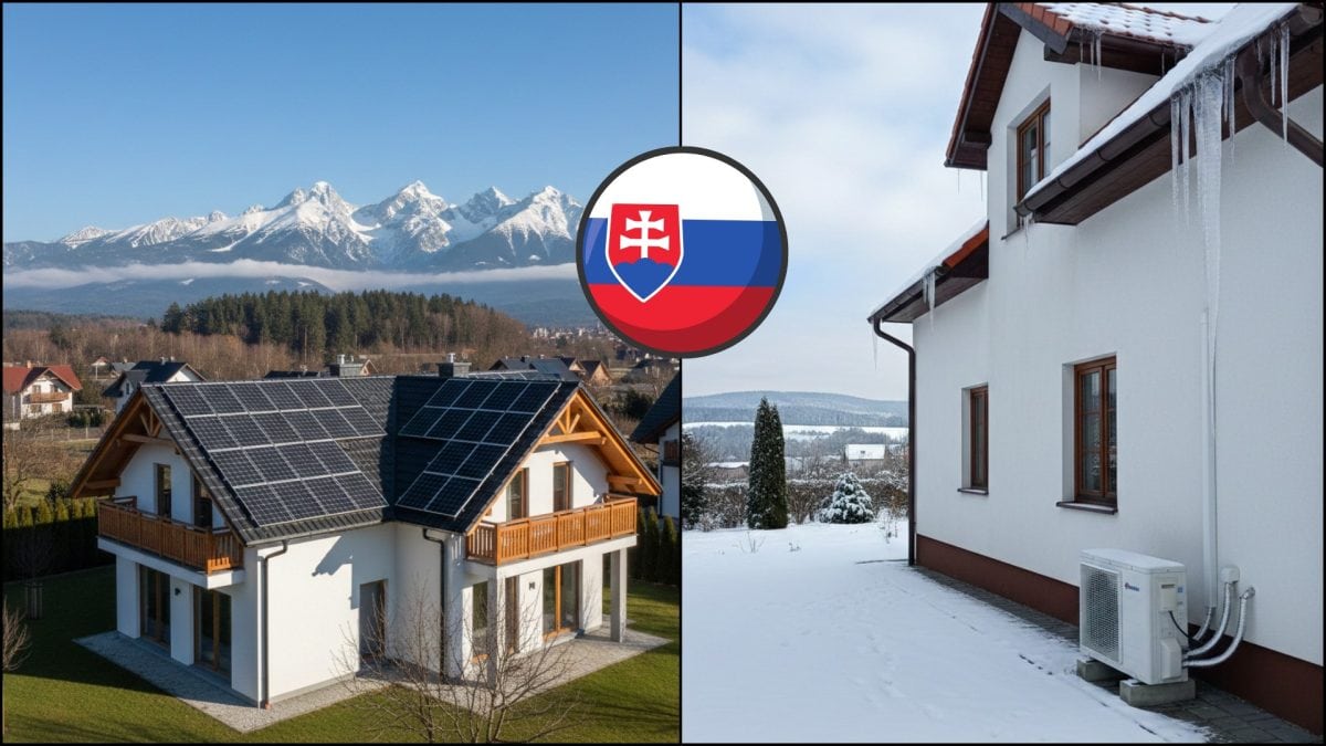 solárne panely na dome a tepelné čerpadlo