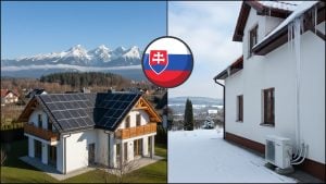 solárne panely na dome a tepelné čerpadlo