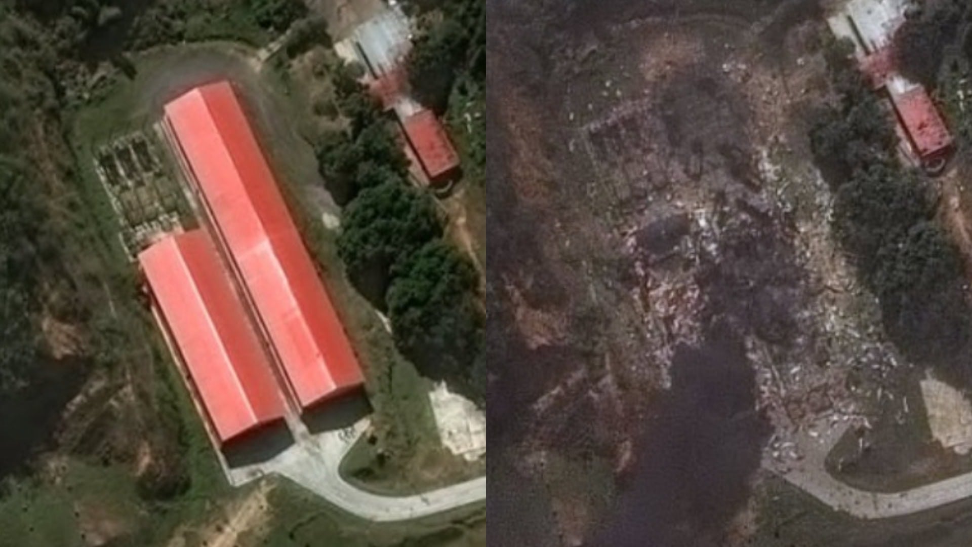 Satelitné snímky poškodenia a zničenia armádnych budov vo Venezuele.