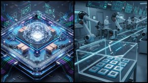 Vizualizácia futuristického čipu, výrobná linka.