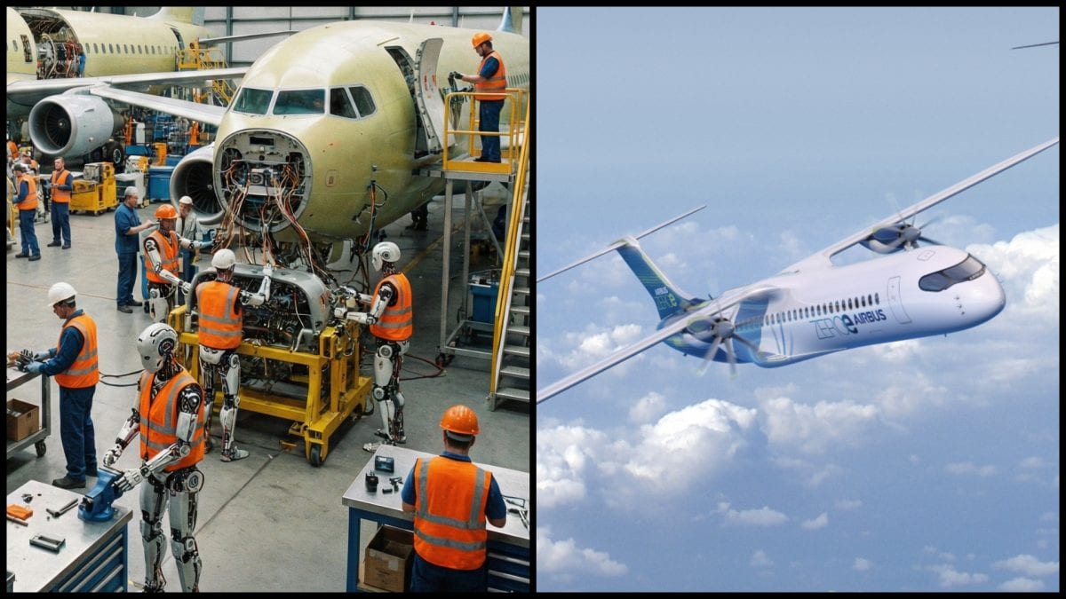 Vizualizácia továrne s robotmi, koncept lietadla Airbus.