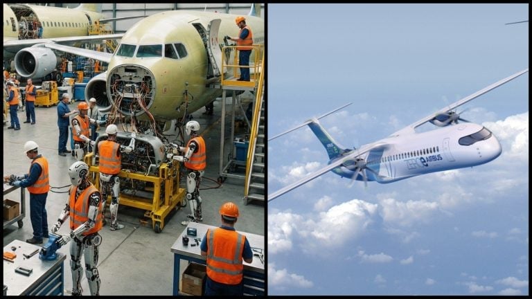 Vizualizácia továrne s robotmi, koncept lietadla Airbus.