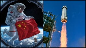 Vizualizácia čínskeho astronauta s vlajkou, raketa New Shepard.