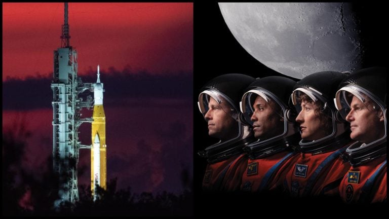 Raketa SLS chystajúca sa na štart, posádka misie Artemis II