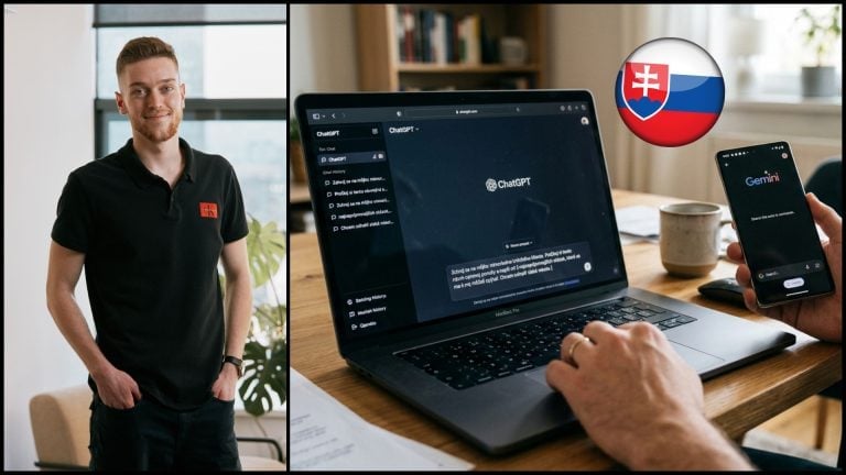 Človek používa AI chat na notebooku, v pozadí Slovenská vlajka, ukazuje moderné technológie a inovác.