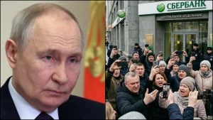 putin a ľudia pred bankou