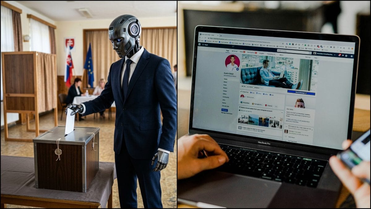 robot vo voľbách a notebook