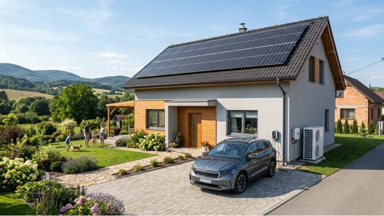rodinný dom s fotovoltikou, tepelným čerpadlom a elektromobilom