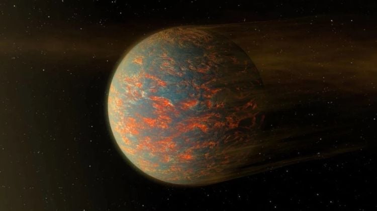 Umelecká predstava lávovej exoplanéty 55 Cancri e s jej hostiteľskou hviezdou v pozadí