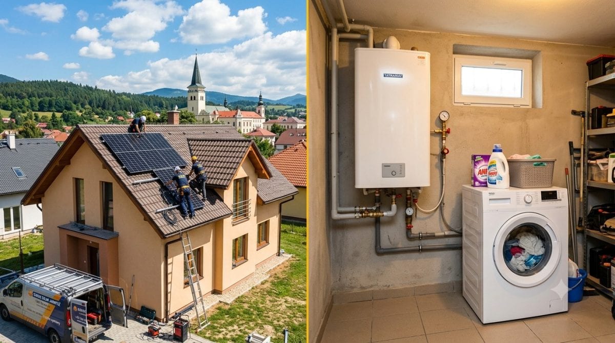 osádzanie fotovoltických panelov a bojler s práčkou v pivnici