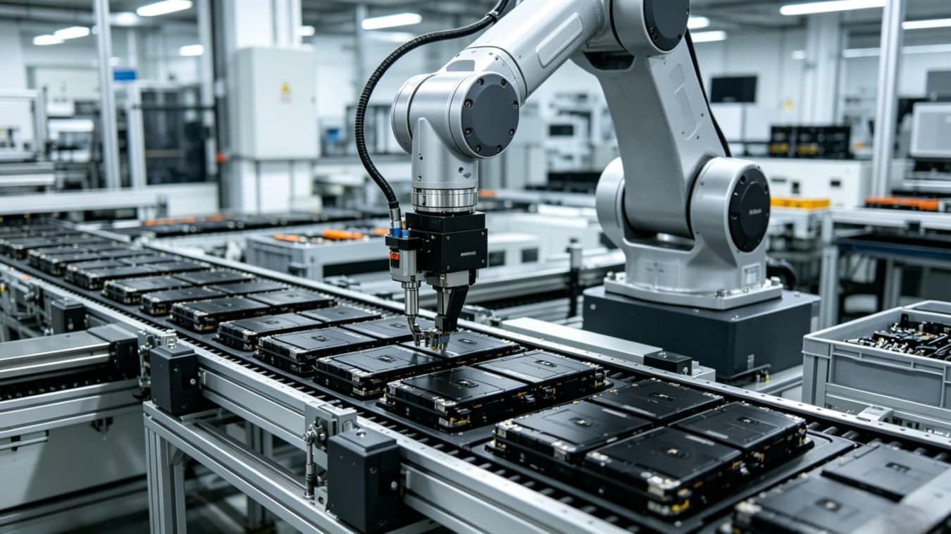 Pohľad na automatizovanú linku na výrobu batériových článkov