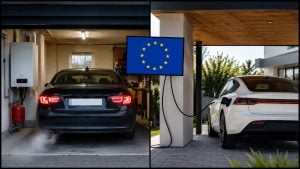 Spaľovák a elektromobil EÚ vlajka
