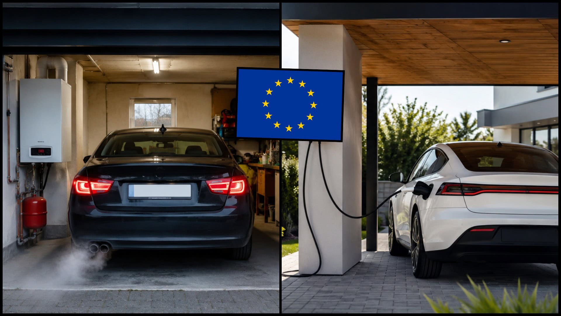 Spaľovák a elektromobil EÚ vlajka