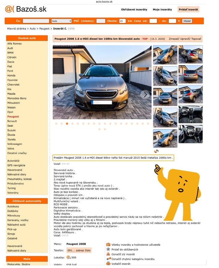 inzerát z bazos.sk zobrazujúci Peugeot 2008 s upraveným stavom odometra